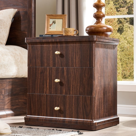 Aitjunz Mondern 3 Drawers Nightstand with Charging Station, 23.6" Tall Bedside Table w/ Open Shelf for Bedroom, Curved Waterfall Edge