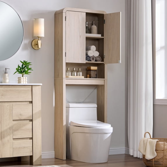 Aitjunz Over the Toilet Storage Cabinet, 70" Tall Modern Bathroom Storage Cabinet with Adjustable Shelves and Doors, Cream