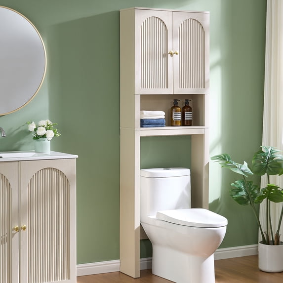 Aitjunz Over the Toilet Storage Cabinet, Modern Bathroom Organizer with 2 Fluted Doors, Adjustable Shelf and Open Storage Shelf, Freestanding Space Saver Cabinet for Small Bathroom