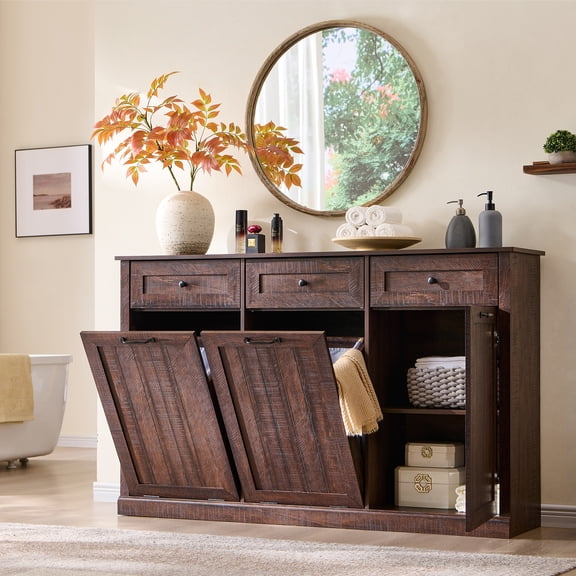 Aitjunz Triple Tilt Out Laundry Hamper Cabinet with Drawer, Farmhouse Wood Storage Cabinet with Hidden 20-Gallon Laundry Basket for Bathroom and Laundry Room, Brown