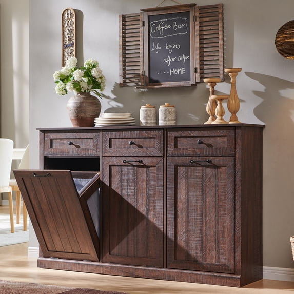Aitjunz Triple Tilt Out Trash Can Cabinet with Drawer, Wooden Farmhouse Kitchen Cabinet with 20-Gallon Hidden Trash Can Storage, Brown