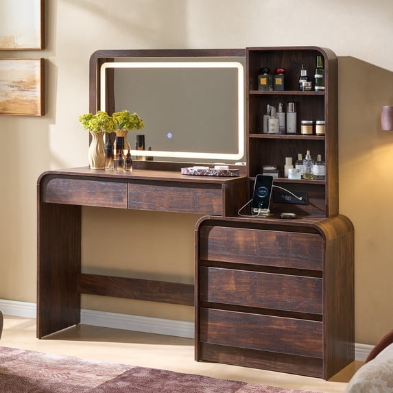Aitjunz Vanity Desk with Mirror, Modern Makeup Vanity with 36" Mirror and 5 Drawers, Makeup Vanity Desk for Women and Girls, Bedroom