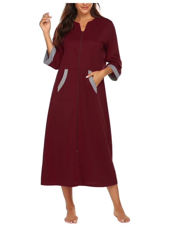 Women Zipper Front Robes 3/4 Sleeve Housecoat Full Length Loungewear Dress with Pocket Long Nightgown Sleepwear Bathrobes