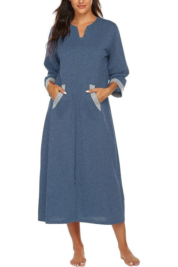 Women Zipper Front Robes 3/4 Sleeve Housecoat Full Length Loungewear Dress with Pocket Long Nightgown Sleepwear Bathrobes