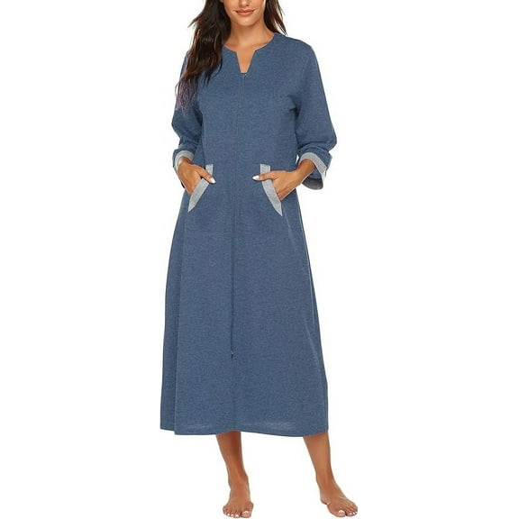 Avidlove Women Zipper Front Robes 3/4 Sleeve Housecoat Full Length Loungewear Dress with Pocket Long Nightgown Sleepwear Bathrobes