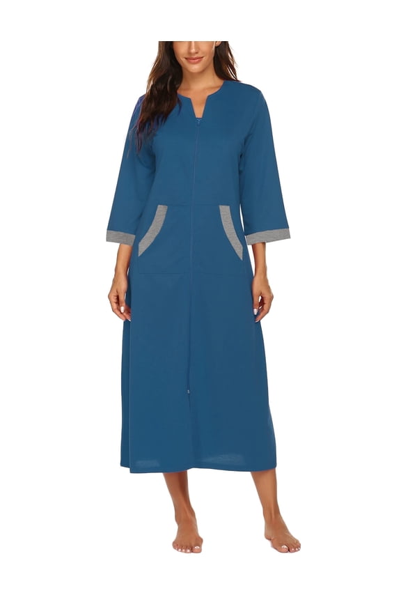 Women Zipper Front Robes 3/4 Sleeve Housecoat Full Length Loungewear Dress with Pocket Long Nightgown Sleepwear Bathrobes