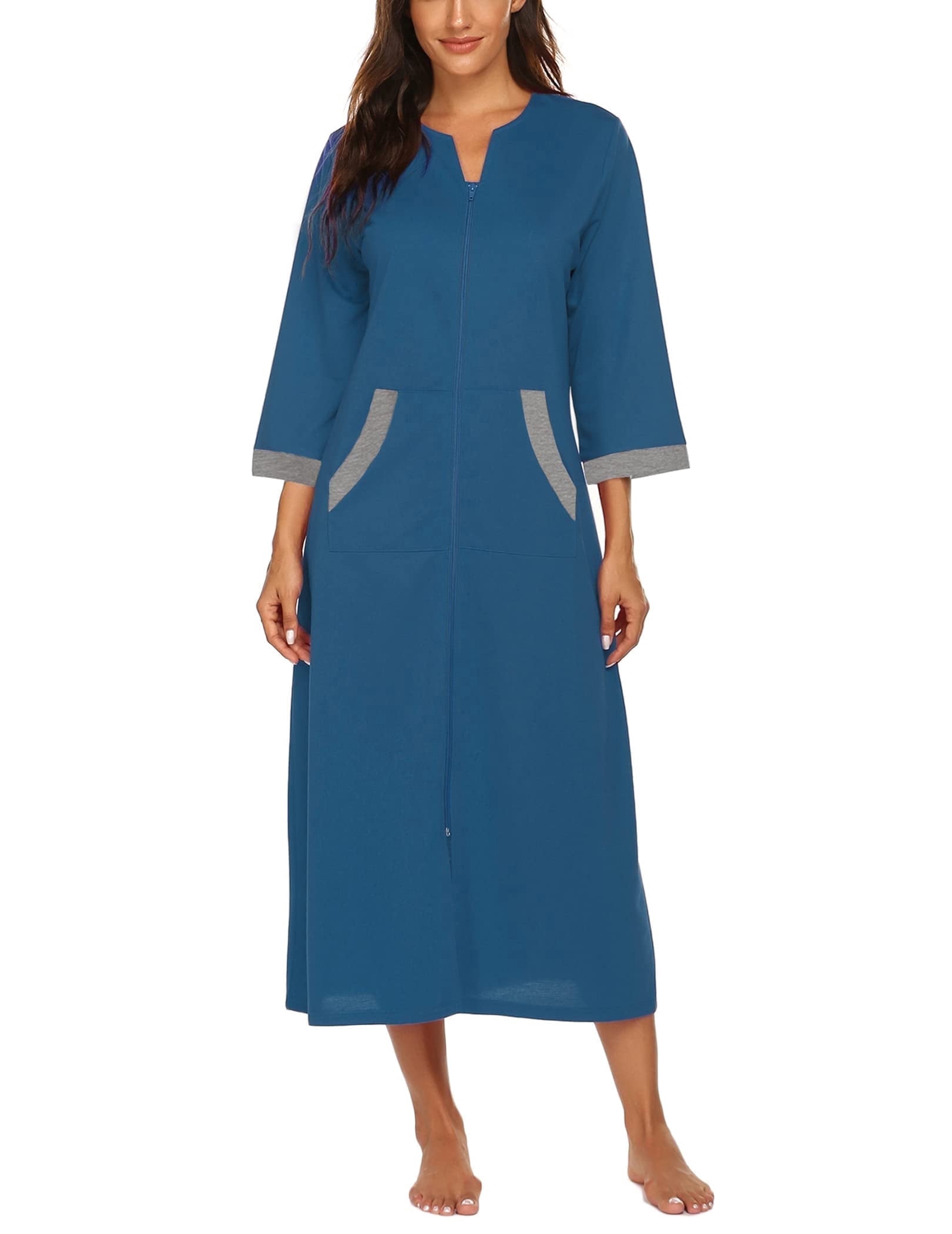 KISSGAL Women Zipper Front Robes 3/4 Sleeve Housecoat Full Length ...