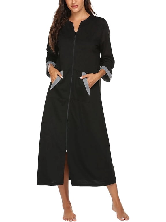 Women Zipper Front Robes 3/4 Sleeve Housecoat Full Length Loungewear Dress with Pocket Long Nightgown Sleepwear Bathrobes
