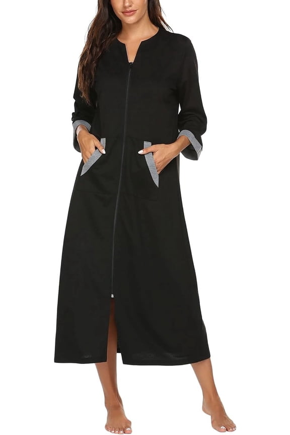 Women Zipper Front Robes 3/4 Sleeve Housecoat Full Length Loungewear Dress with Pocket Long Nightgown Sleepwear Bathrobes