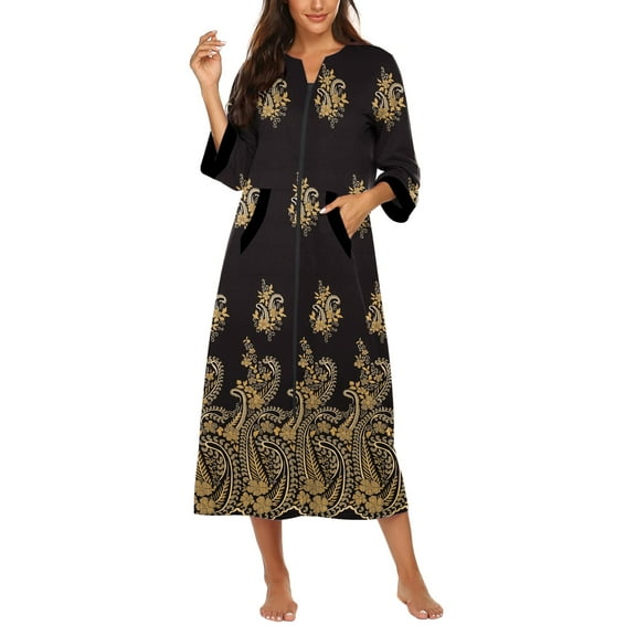 Avidlove Women Zipper Front Robes 3/4 Sleeve Housecoat Full Length Loungewear Dress with Pocket Long Nightgown Sleepwear Bathrobes