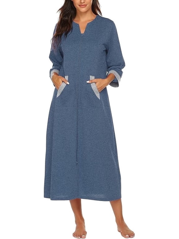 Women Zipper Front Robes 3/4 Sleeve Housecoat Full Length Loungewear Dress with Pocket Long Nightgown Sleepwear Bathrobes
