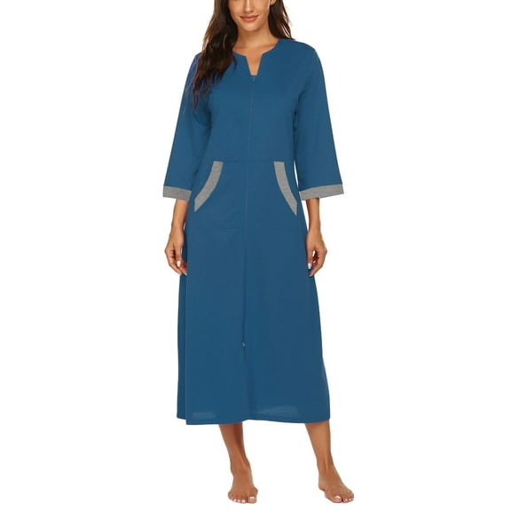 Avidlove Women Zipper Front Robes 3/4 Sleeve Housecoat Full Length Loungewear Dress with Pocket Long Nightgown Sleepwear Bathrobes