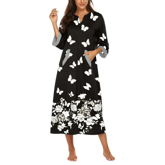 Avidlove Women Zipper Front Robes 3/4 Sleeve Housecoat Full Length Loungewear Dress with Pocket Long Nightgown Sleepwear Bathrobes