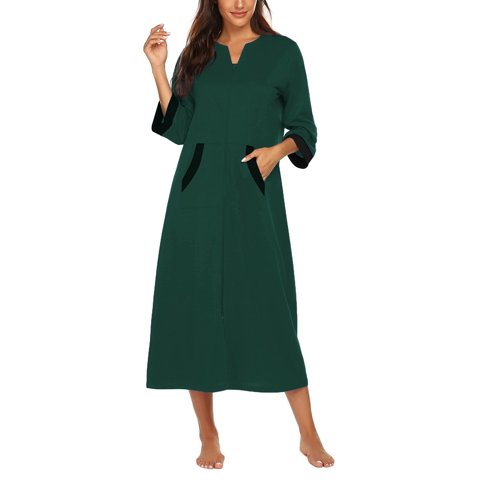 Women Zipper Front Robes 3/4 Sleeve Housecoat Full Length Loungewear Dress with Pocket Long Nightgown Sleepwear Bathrobes