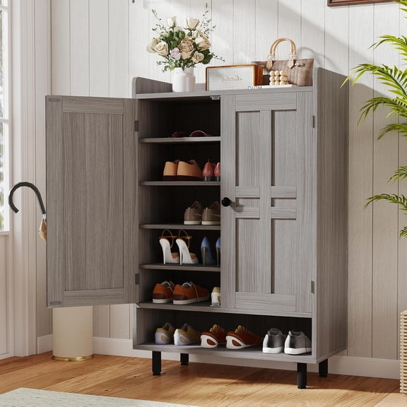 Aivermeil Entrance Shoe Cabinet with Doors,6-Tier Farmhouse Shoe Storage Organizer with Adjustable Shelves Holds 18-28 Pairs and Metal Legs, Entry Organizer Entryway, Living Room (Grey)