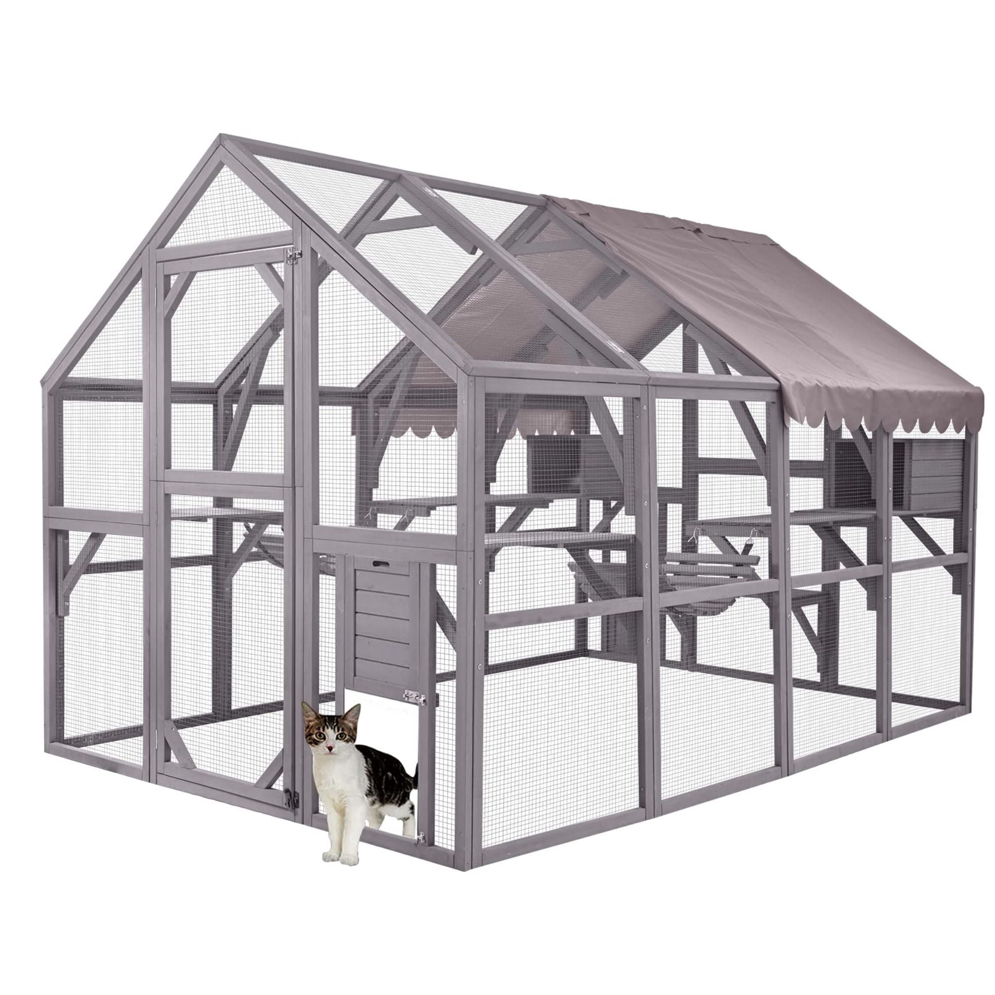 Aivituvin 110'' Extra Large Catio Outdoor Cat Enclosure, Walk-in Wooden Cat Cage with Bridges, Platforms, Rest Rooms, Roof Cover