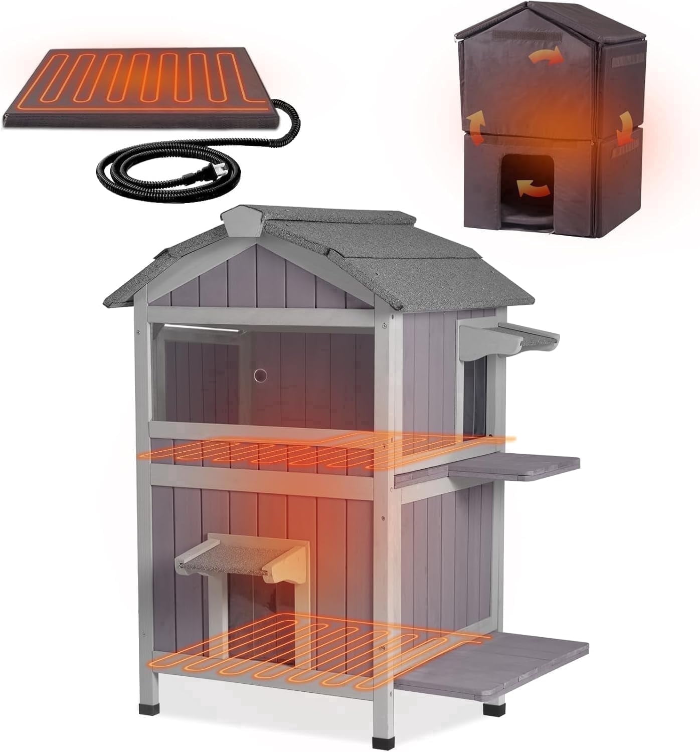 Aivituvin 2-Story Heated Cat House for Outside Large Insulated Cat House Outdoor Weatherproof Feral Cat Shelter with Heated Pad, Insulated All-Round Thermal Liner for 1-4 Cats