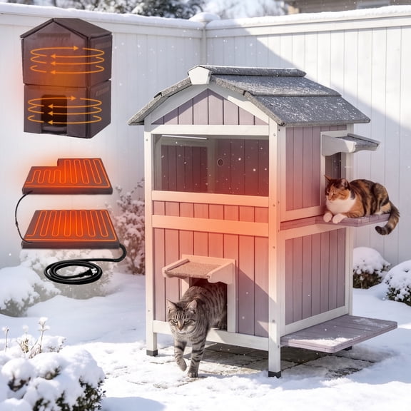 Aivituvin 2-Story Heated Cat House for Outside Large Insulated Cat House Outdoor Weatherproof Feral Cat Shelter with Heated Pad, Insulated All-Round Thermal Liner for 1-4 Cats