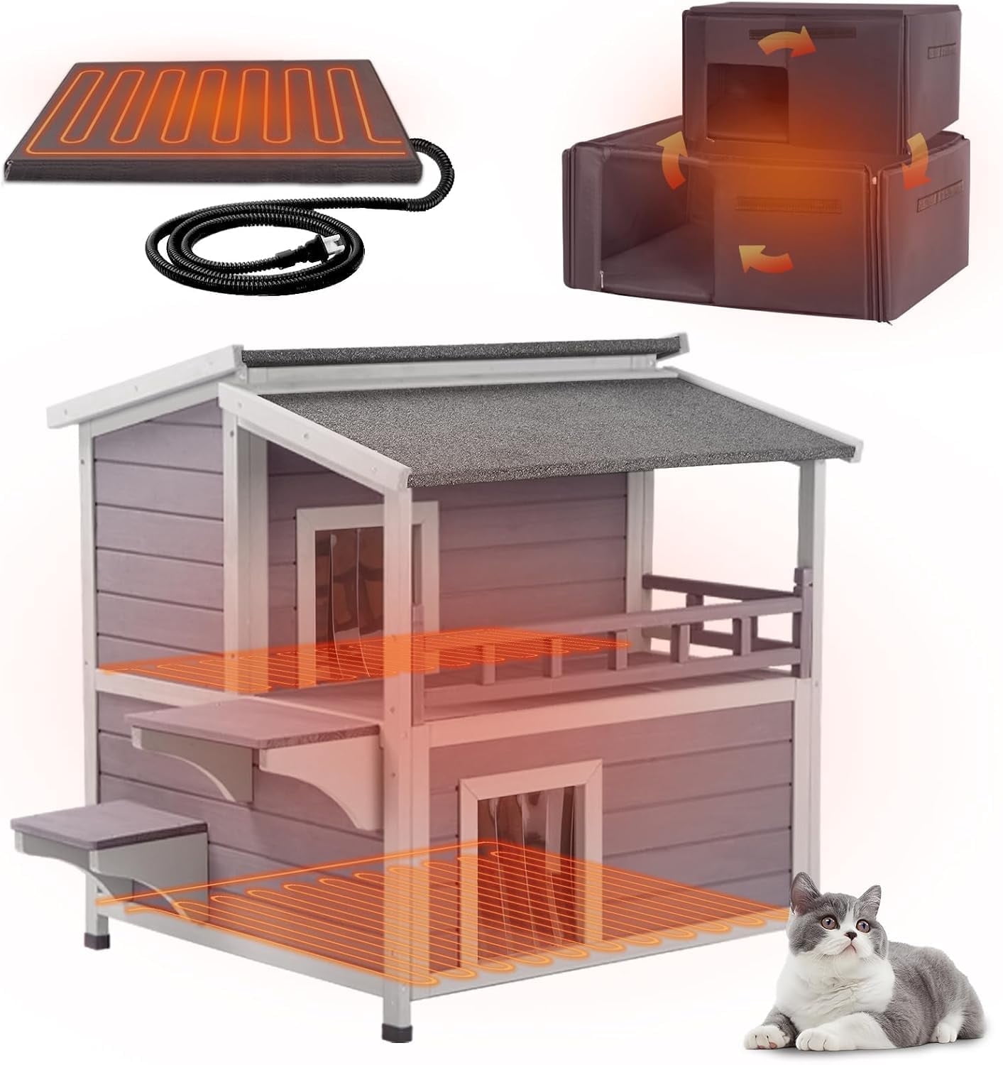 Aivituvin 2 Story Heated Cat House for Outside Outdoor Cat House Insulated Weatherproof Feral Cat Shelter with Heated Pad, Insulated All-Round Thermal Liner, Chewproof Cable for 1-4 Cats in Winter