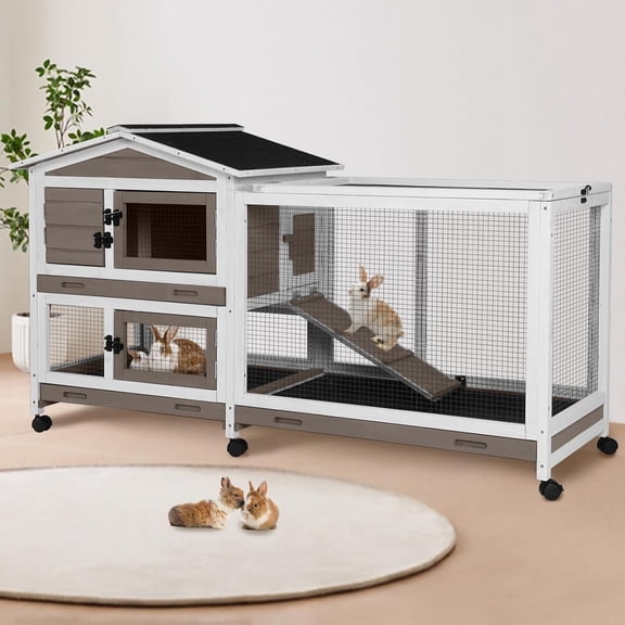 Aivituvin 62" Rabbit Hutch with Chew-Proof Ramp & Waterproof Roof - Indoor/Outdoor Bunny Cage, 2-Story Design, 6 Lockable Caster Wheels & Dual Pull-Out Trays (Brown)