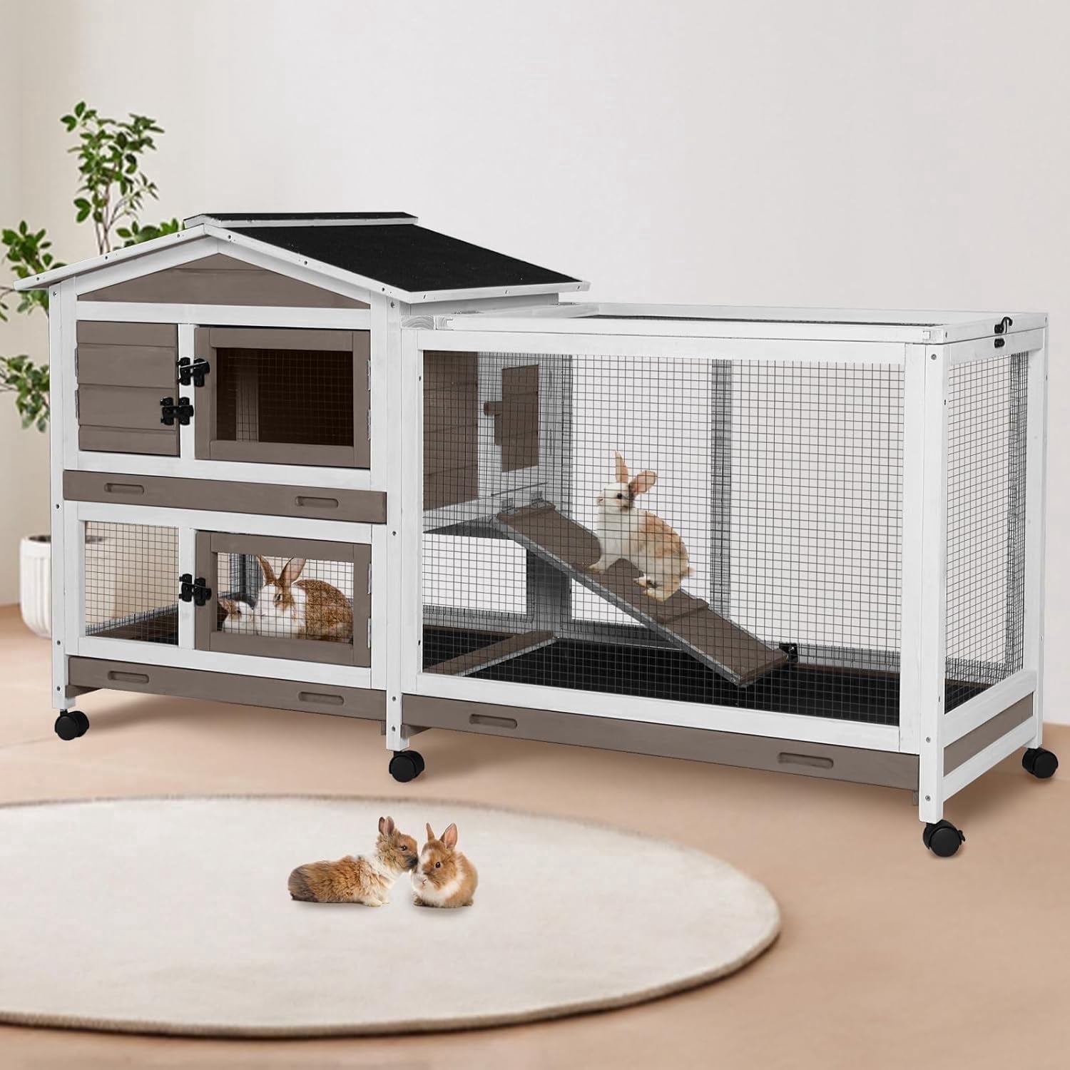Aivituvin 62" Rabbit Hutch with Chew-Proof Ramp & Waterproof Roof - Indoor/Outdoor Bunny Cage, 2-Story Design, 6 Lockable Caster Wheels & Dual Pull-Out Trays (Brown)