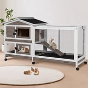Aivituvin 62 Rabbit Hutch with Chew-Proof Ramp & Waterproof Roof - Indoor/Outdoor Bunny Cage, 2-Story Design, 6 Lockable Caster Wheels & Dual Pull-Out Trays Brown