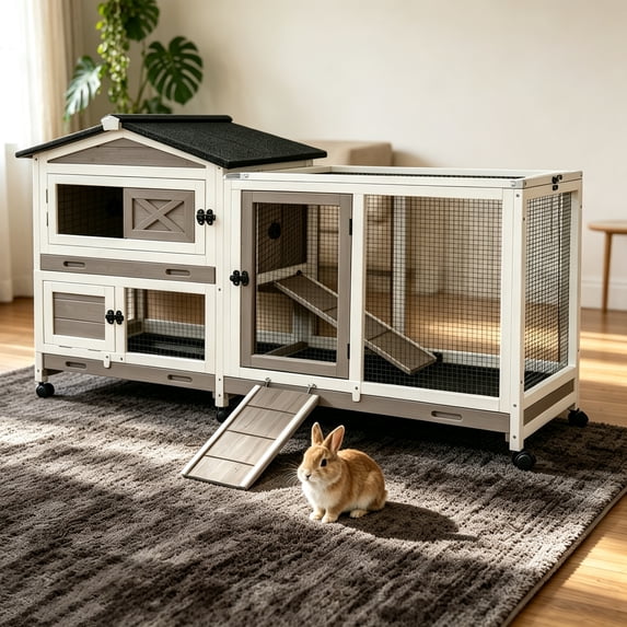 Aivituvin 55" Rabbit Hutch with Chew-Proof Ramp Weatherproof Indoor/Outdoor Rabbit Cage, 2-Story Bunny Cage with Lockable Wheels Leakproof Trays Brown