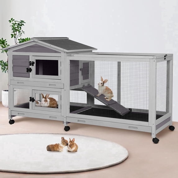 Aivituvin 2-Story Indoor Rabbit Hutch with Chew-Proof Outdoor Rabbit Cage with 6 Locking Casters Bunny Cage 2 Pull-Out Trays Guinea Pigs Cage 62" Gray