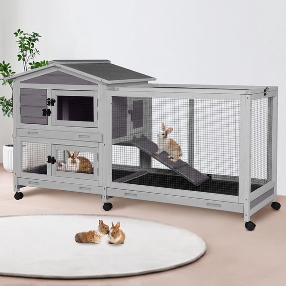 Aivituvin 2-Story Indoor Rabbit Hutch with Chew-Proof Outdoor Rabbit Cage with 6 Locking Casters Bunny Cage 2 Pull-Out Trays Guinea Pigs Cage 62" Gray