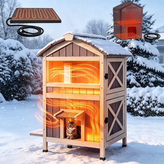 Aivituvin Heated Cat House Outdoor, 2-Story Weatherproof Feral Cat Shelter with Heating Pad, Movable Floor & Multiple Jumping Platforms for Outdoor Cats