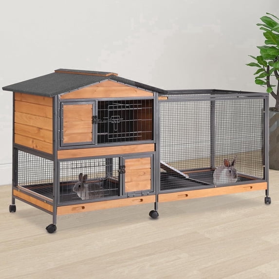 Aivituvin 2-Story Rabbit Cage with Chew-Proof Metal Frame for Indoor/Outdoor 62" Bunny Hutch Guinea Pig Wooden Cages with Wheels & 2 Removable Trays