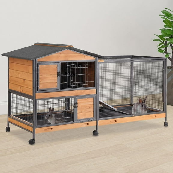 Aivituvin 2-Story Rabbit Cage with Chew-Proof Metal Frame for Indoor/Outdoor - 62" Bunny Hutch Guinea Pig Cages with 6 Locking Wheels & 2 Removable Trays for Rabbits/Guinea Pigs