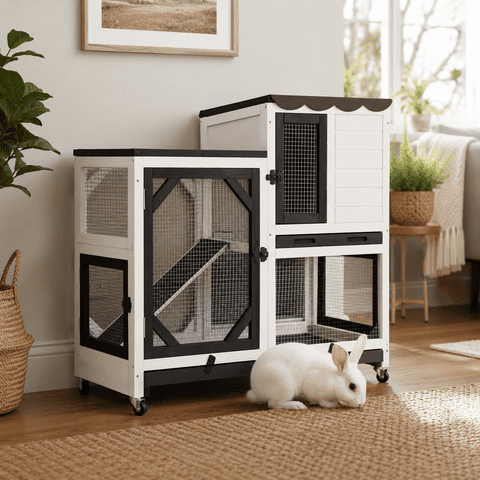 Aivituvin 2-Story Rabbit Hutch with Wheels, Indoor Outdoor Rabbit Cage with Ramp & Leak-Proof Trays for Rabbits, Guinea Pigs, Black&White