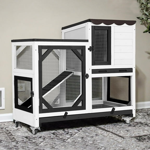 Aivituvin 2-Story Rabbit Hutch Bunny Cage with Chew-Proof Ramp & Leak-Proof Trays, Indoor Outdoor Wooden Rabbit Cage with Wheels for Rabbits, Guinea Pigs, Small Animal, Black & White