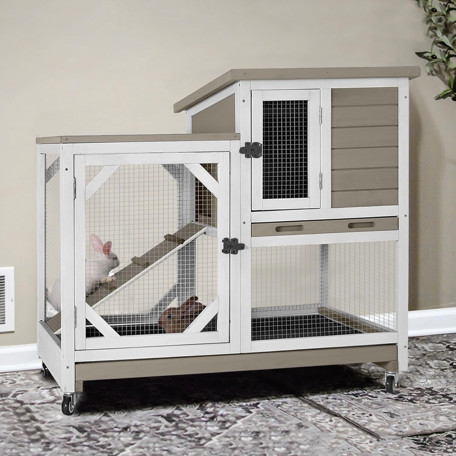 Aivituvin 2-Story Rabbit Hutch with Chew-Proof Ramp & Pull-Out Trays - Indoor/Outdoor 39.3" Wooden Rabbit Cage on Wheels for Rabbits, Guinea Pigs (Light Brown)