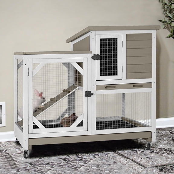 Aivituvin 2-Story Rabbit Hutch with Chew-Proof Ramp & Pull-Out Trays - Indoor/Outdoor 39.3" Wooden Rabbit Cage on Wheels for Rabbits, Guinea Pigs (Light Brown)