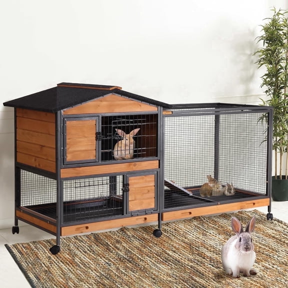 Aivituvin 2-Story Rabbit Hutch Indoor Bunny Cage Large Rabbit Cage Outdoor with Chew-Proof Full Metal Frame, Locking Wheels, 2 Pull-Out Trays for Rabbits, Guinea Pigs, Small Animals (Brown & Black)