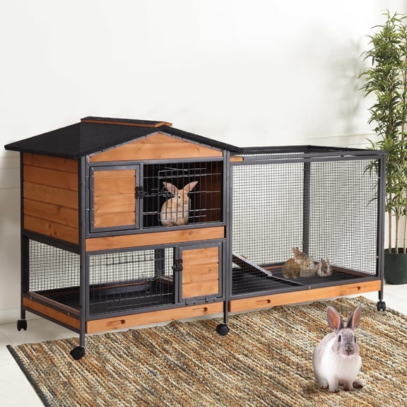 Aivituvin 2-Story Rabbit Hutch Indoor Bunny Cage Large Rabbit Cage Outdoor with Chew-Proof Full Metal Frame, Locking Wheels, 2 Pull-Out Trays for Rabbits, Guinea Pigs, Small Animals (Brown & Black)