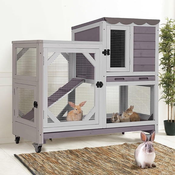 Aivituvin 2-Story Rabbit Hutch Indoor Bunny Cage Outdoor Wooden Rabbit Cage House with Chew-Proof Ramp, 2 Leak-Proof Trays, 4 Lockable Wheels for Rabbits, Guinea Pigs, Gray