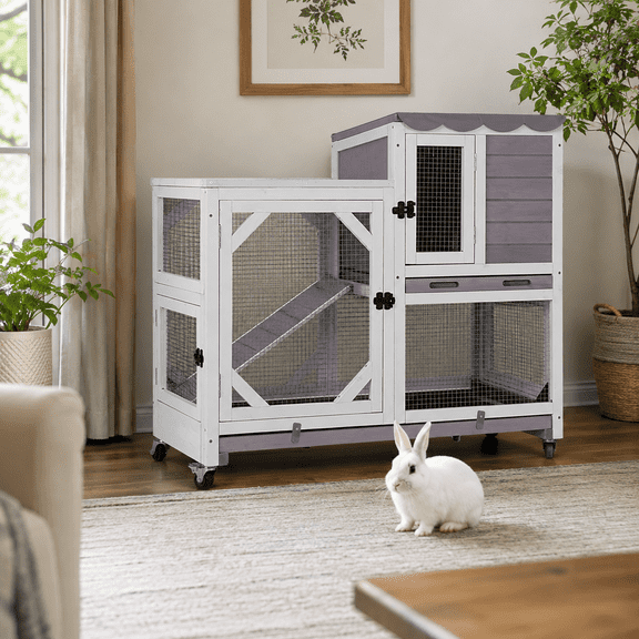 Aivituvin 2-Story Rabbit Hutch with Wheels, Indoor Outdoor Rabbit Cage with Ramp & Leak-Proof Trays for Rabbits, Guinea Pigs, Gray