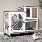 Aivituvin 2-Story Rabbit Hutch with Wheels, Indoor Outdoor Wooden Rabbit Cage with Ramp & Leak-Proof Trays for Rabbits & Guinea Pigs, Brown