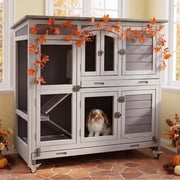 Aivituvin 2-Tier Indoor Rabbit Hutch Bunny House Guinea Pig Cage with Sliding Plastic Trays, Wheels & Ramp, 47.2" Multi-Door Wooden Small Animal Cage for Rabbit