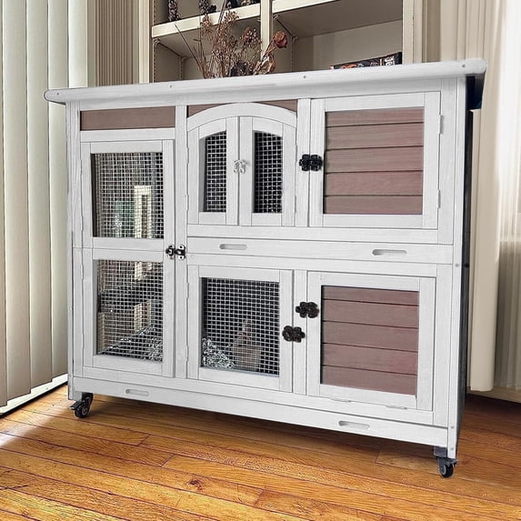Aivituvin 2-Tier Indoor Rabbit Hutch Bunny Hutch Guinea Pig Cage with Plastic Trays, Wheels & Ramp 47.2" Multi-Door Wooden Rabbit Cage for Rabbits, Bunnies, and Guinea Pigs (Brown)