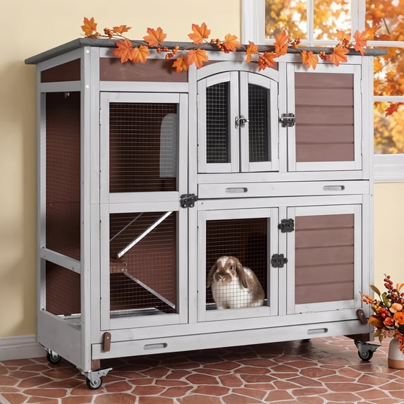 Aivituvin 2-Tier Indoor Rabbit Hutch Bunny Hutch Guinea Pig Cage with Plastic Trays, Wheels & Ramp 47.2" Multi-Door Wooden Rabbit Cage for Rabbits, Bunnies, and Guinea Pigs (Brown)