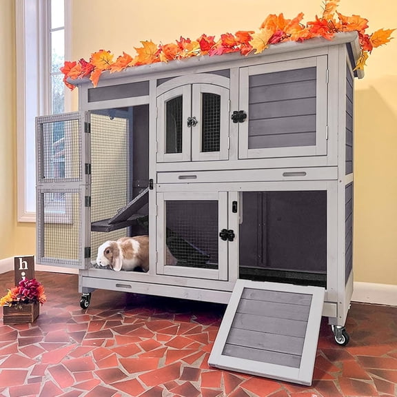Aivituvin 2-Tier Indoor Rabbit Hutch Bunny House Guinea Pig Cage with Sliding Plastic Trays, Wheels & Ramp, 47.2" Multi-Door Wooden Small Animal Cage for Rabbits, Bunnies, and Guinea Pigs (Grey)