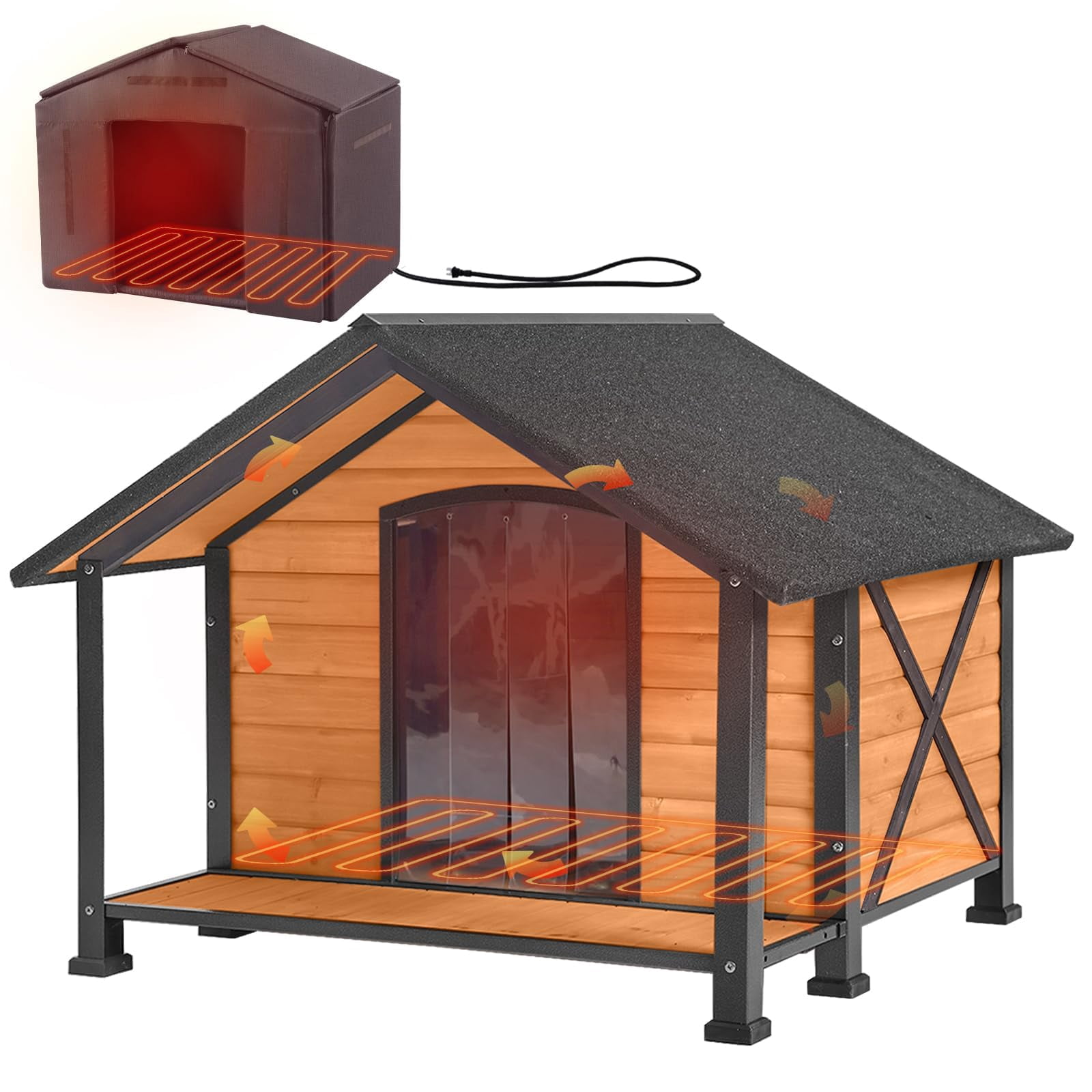Aivituvin 34.3" Large Outdoor Heated Dog House with Heating Pad & Insulated Liner, Iron Frame Insulated Dog Kennel for Winter, Anti-Chewing