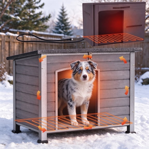Aivituvin 34.6’’ Heated Outdoor Dog House Weatherproof Outdoor Wooden Dog Kennel with Openable Roof Chew-Proof Metal Frame for Outside Dogs