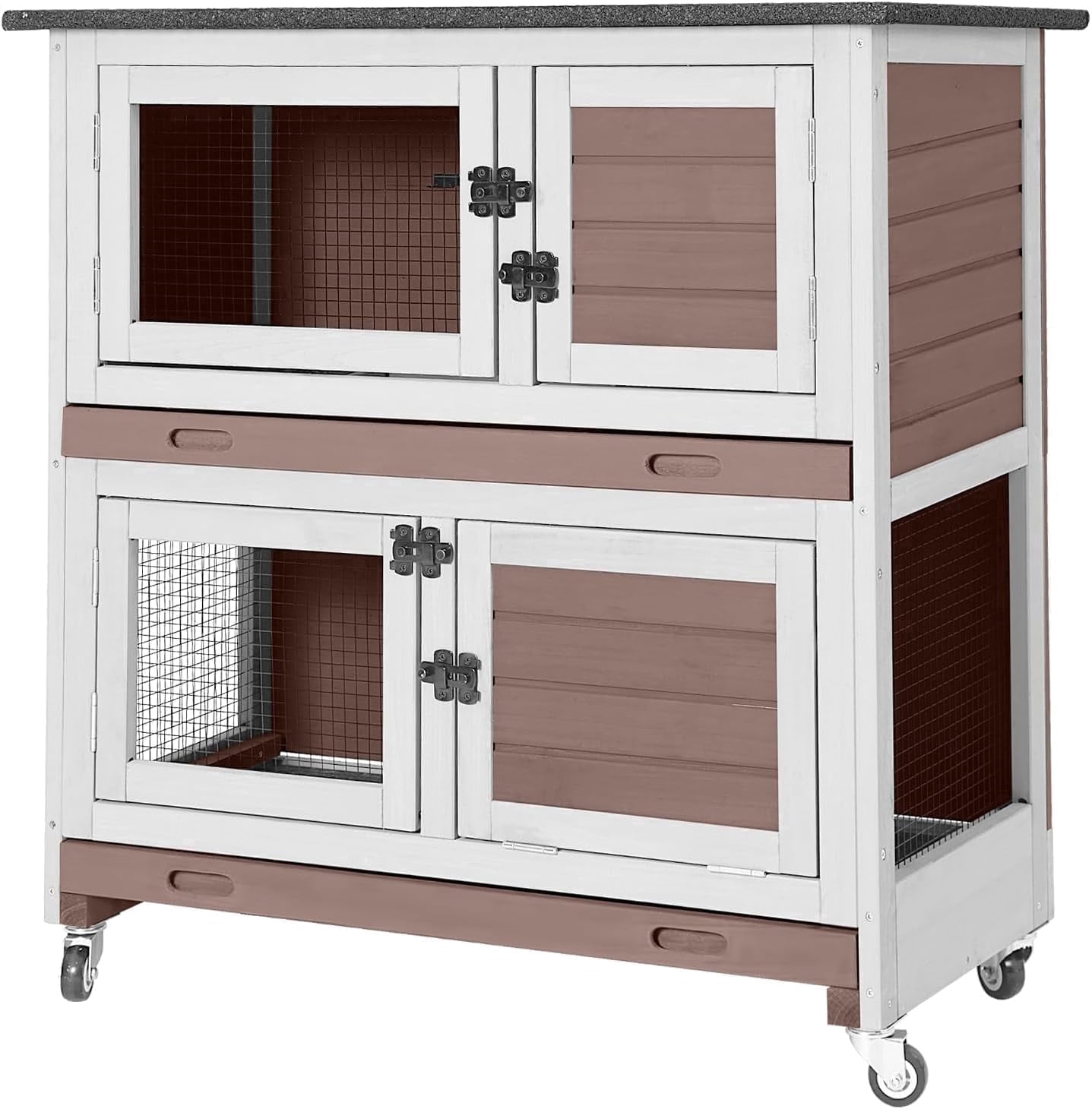 Aivituvin 36" Rabbit Hutch Bunny Cage Indoor Outdoor Guinea Pig Cage 2 Story Wth Trap Door, 2 Tray,Wheels,Brown