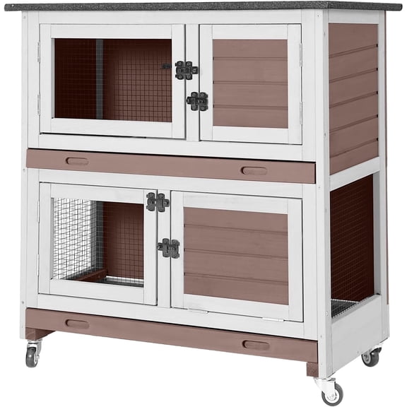Aivituvin 36" Rabbit Hutch Bunny Cage Indoor Outdoor Guinea Pig Cage 2 Story Wth Trap Door, 2 Tray,Wheels,Brown