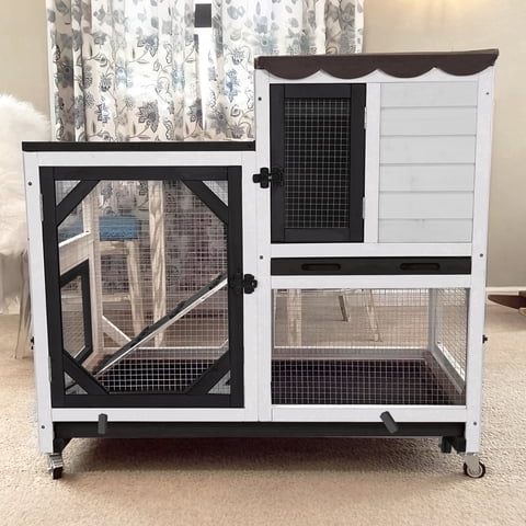 Aivituvin 39" 2-Story Rabbit Hutch, Wooden Bunny Cage with Chew-Proof Ramp, 2 Leak-Proof Pull-Out Trays and Lockable Wheels for Guinea Pigs & Small Pets, Black&White